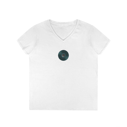 Women's Donut V-Neck Tee - "Speaker Donut" - vivid teal record donut w/