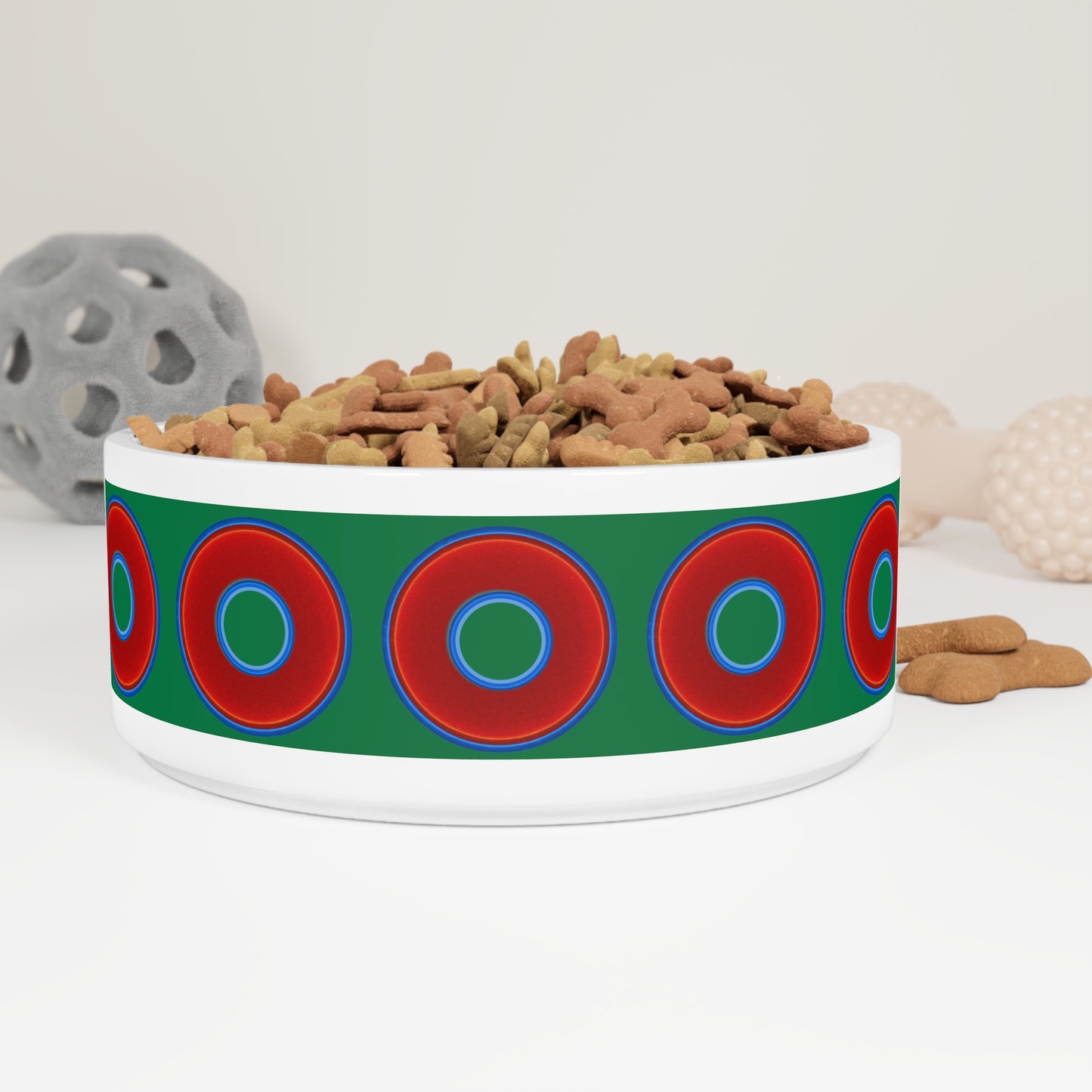 16 oz Lumpy Pet Bowl - vivid red donuts w/green background