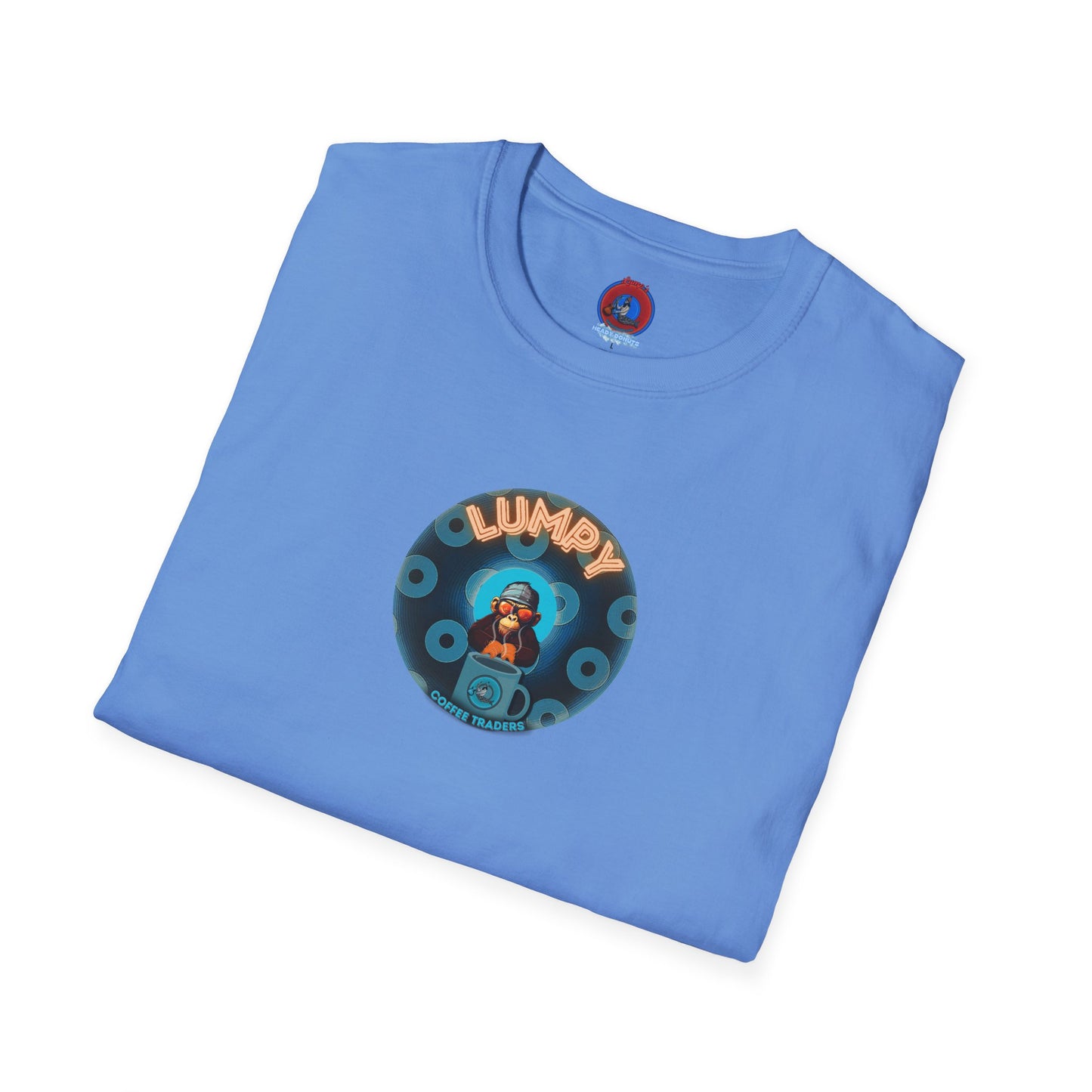 Coffee Traders Tee - Unisex Soft-Style - "Tasty Coffee" - paradoxical donut/cubed blue donut - variant 2 - logo front/It's Ice Cube's back