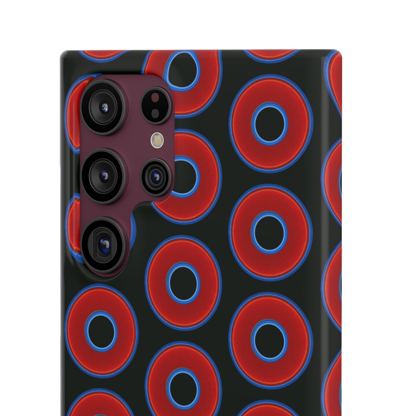 Lumpy Donut Snap Case - red vivid donut print w/midnight moss green background