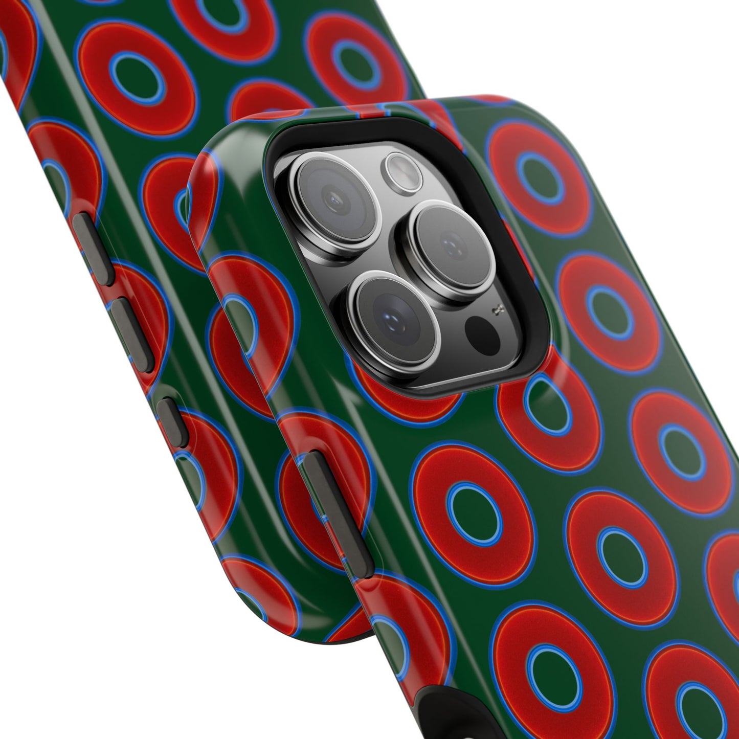 Impact-Resistant Lumpy Donut Case - red vivid donut print w/dark pond green background