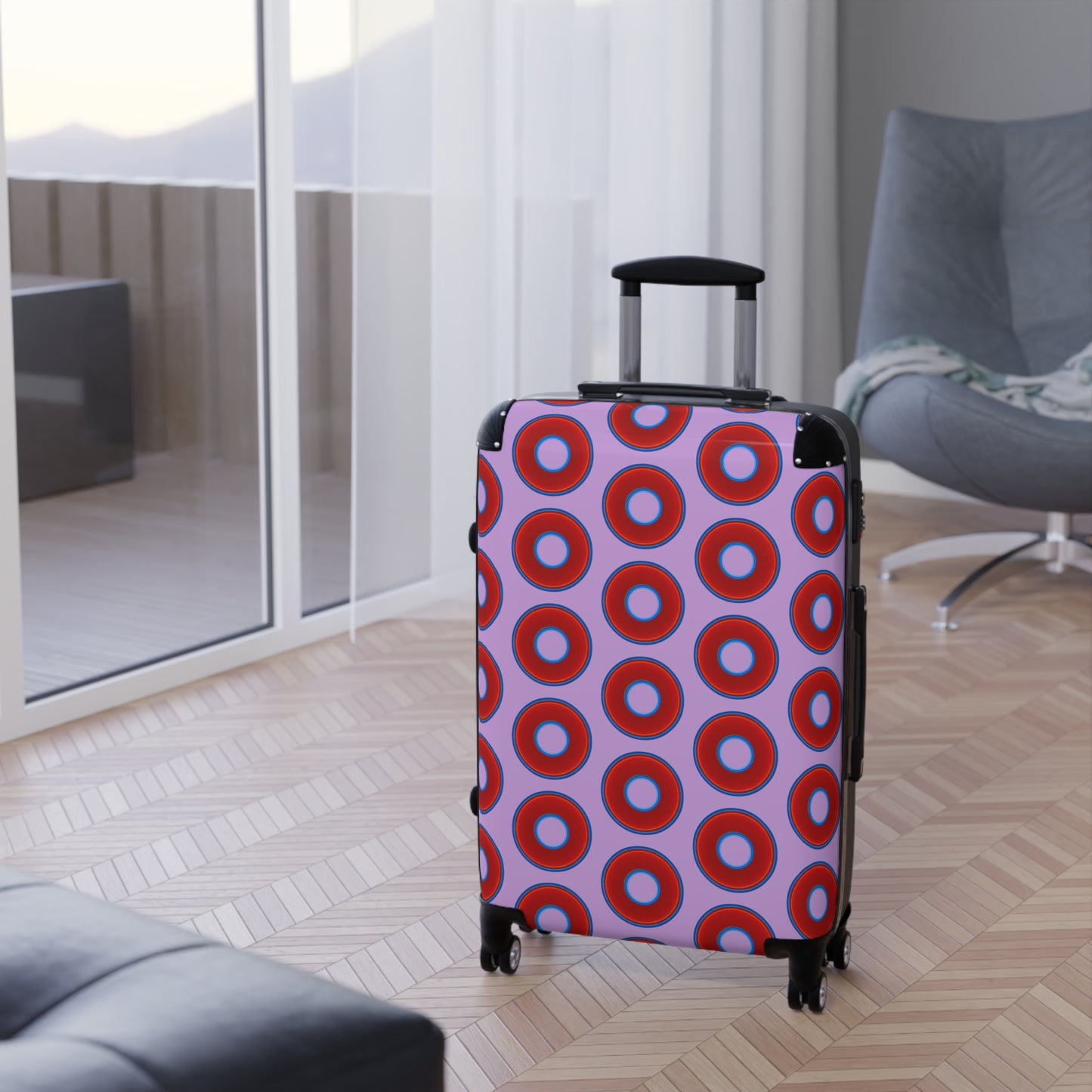 The Very Lumpy Donut Suitcase series - your choice of S, M or L - vivid red donut print w/wisteria purple background