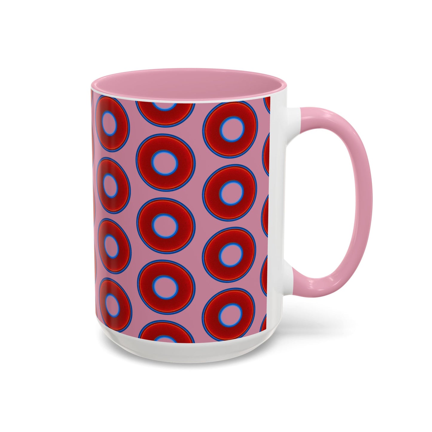 Lump's Grumpy Coffee Mug - vivid red donuts w/pink background