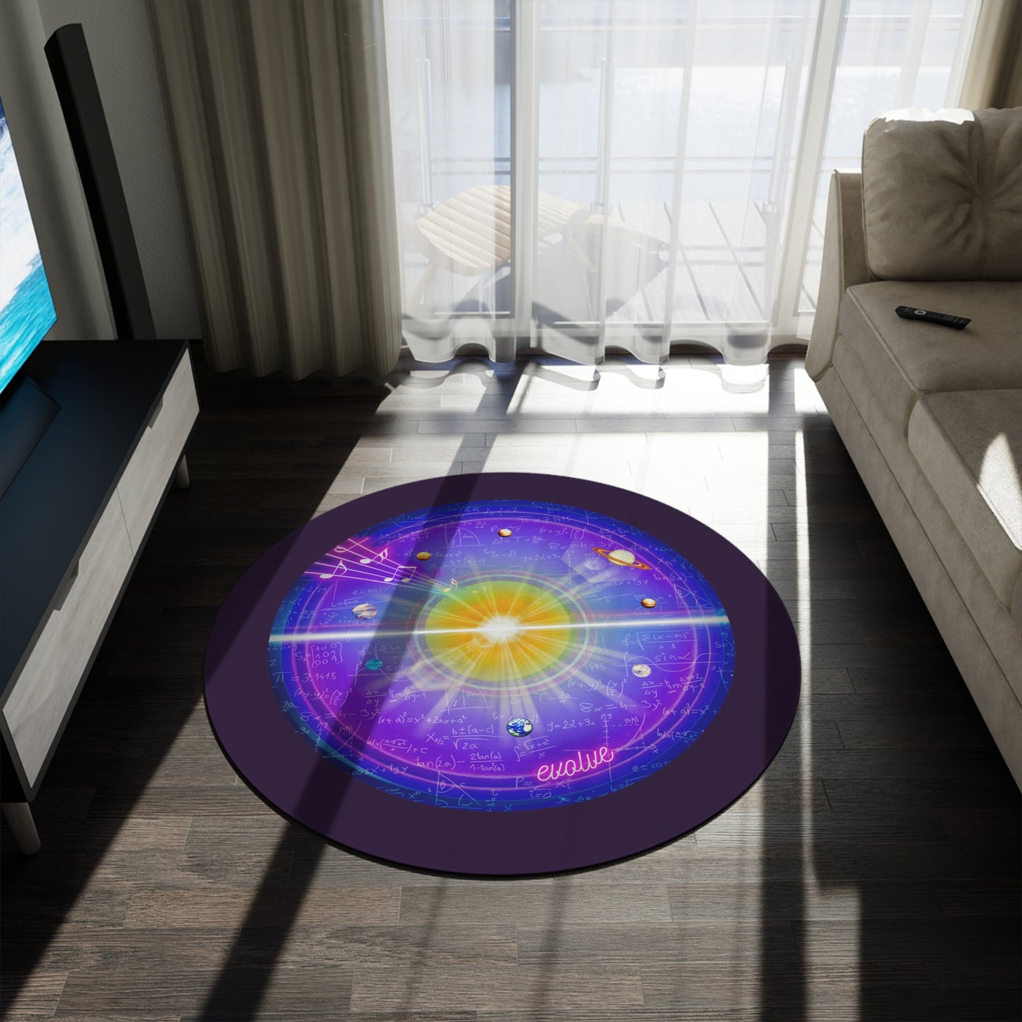 Round Room - 5 ft x 5 ft Lumpy Donut Rug - "The Quite Profound Donut Rug" - purple/magenta vivid solar donut w/midnight purple background