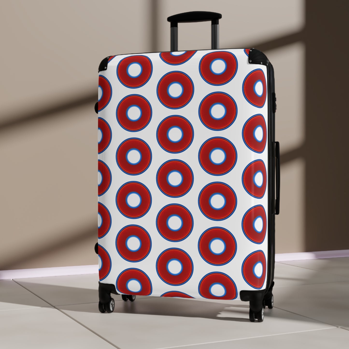 The Very Lumpy Donut Suitcase series - your choice of S, M or L - vivid red donut print w/white background