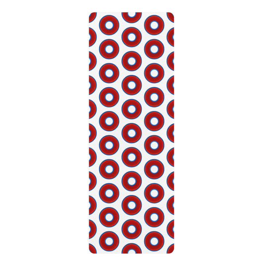 Lumpy Donut Yoga Mat :) - 24″ x 70" - vivid red donut print w/white background
