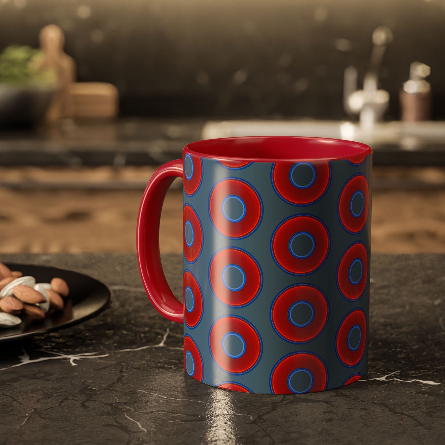 Lump's Grumpy Coffee Mug - vivid red donuts w/steel blue background