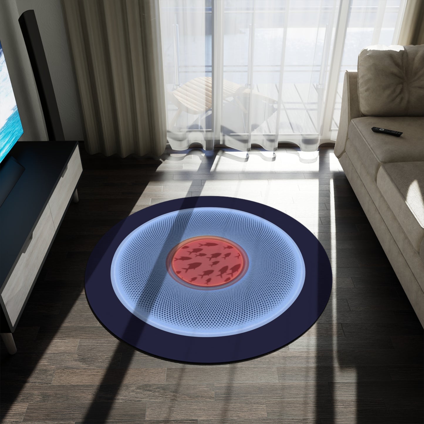 Round Room - 5 ft x 5 ft Lumpy Donut Rug - "Swimming by this Rug" - light blue/red phatty donut w/black background - variant 2