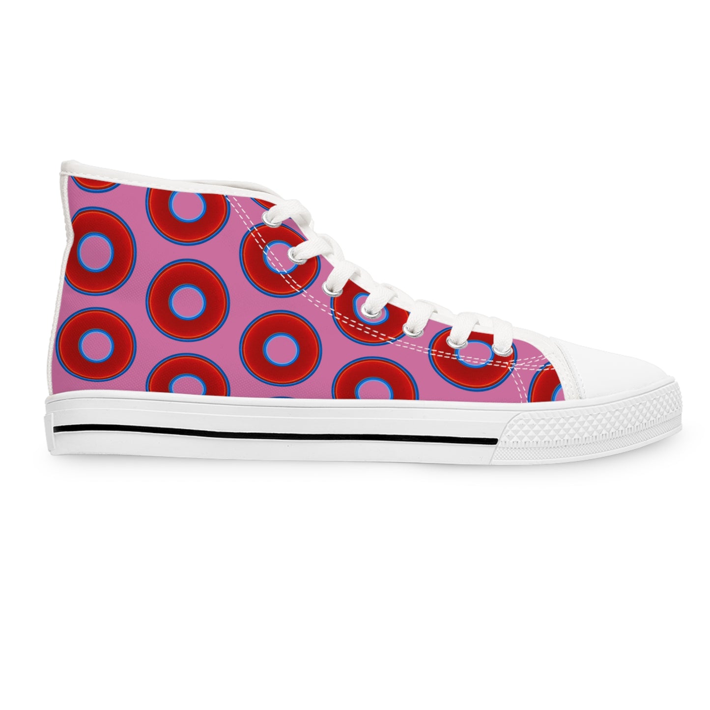 Women's High Top Chuck Taylors - large vivid red donut print w/pink background