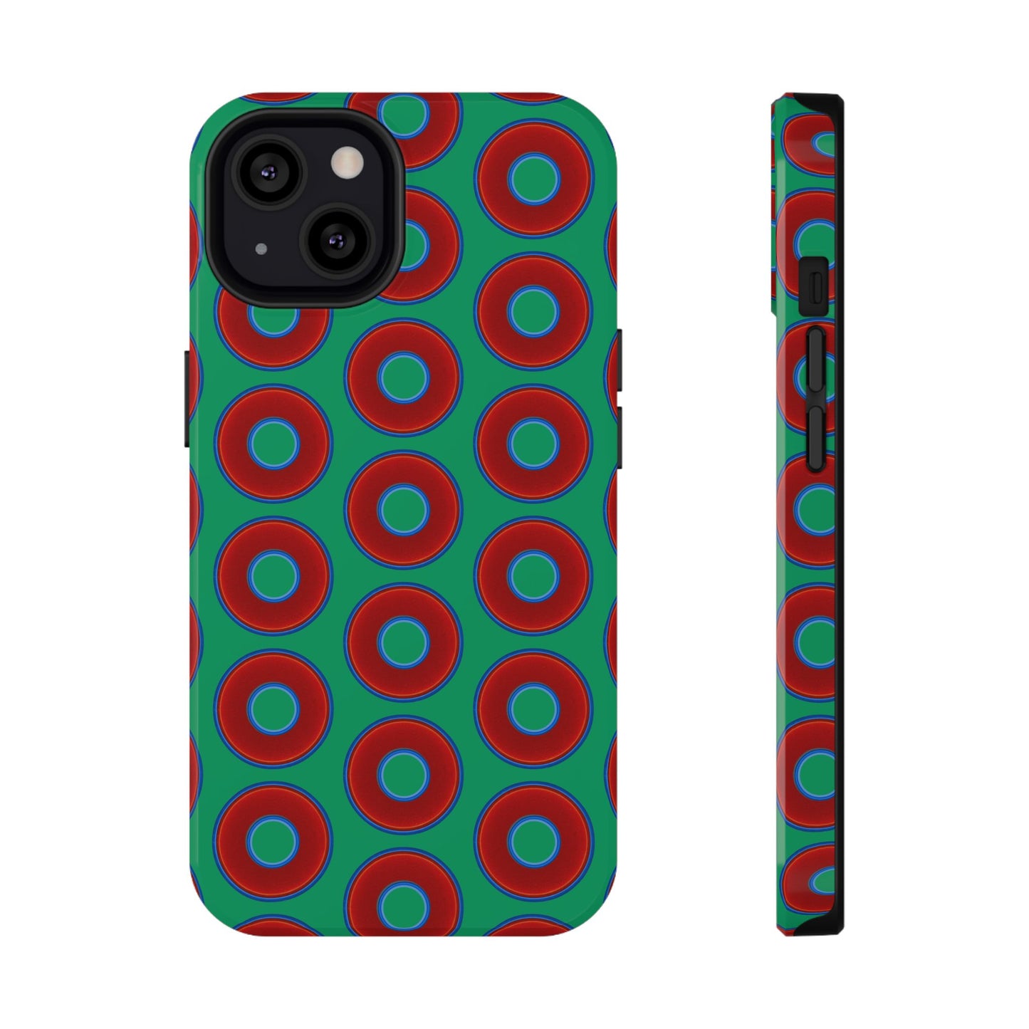 Impact-Resistant Lumpy Donut Case - red vivid donut print w/jade green background