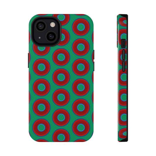 Impact-Resistant Lumpy Donut Case - red vivid donut print w/jade green background