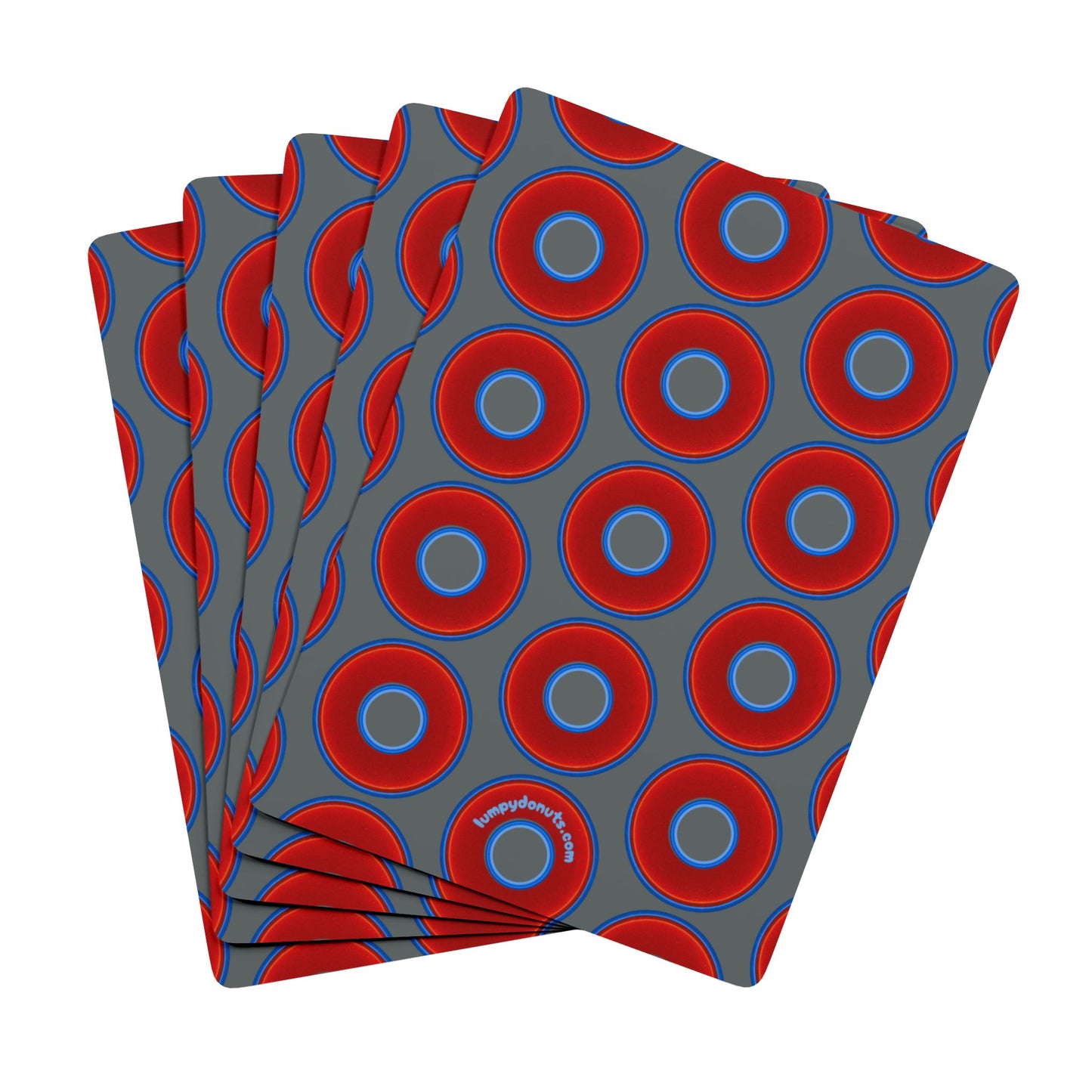 Lumpy Donut Playing Decks - 52-cards - red vivid donuts w/dark gray background
