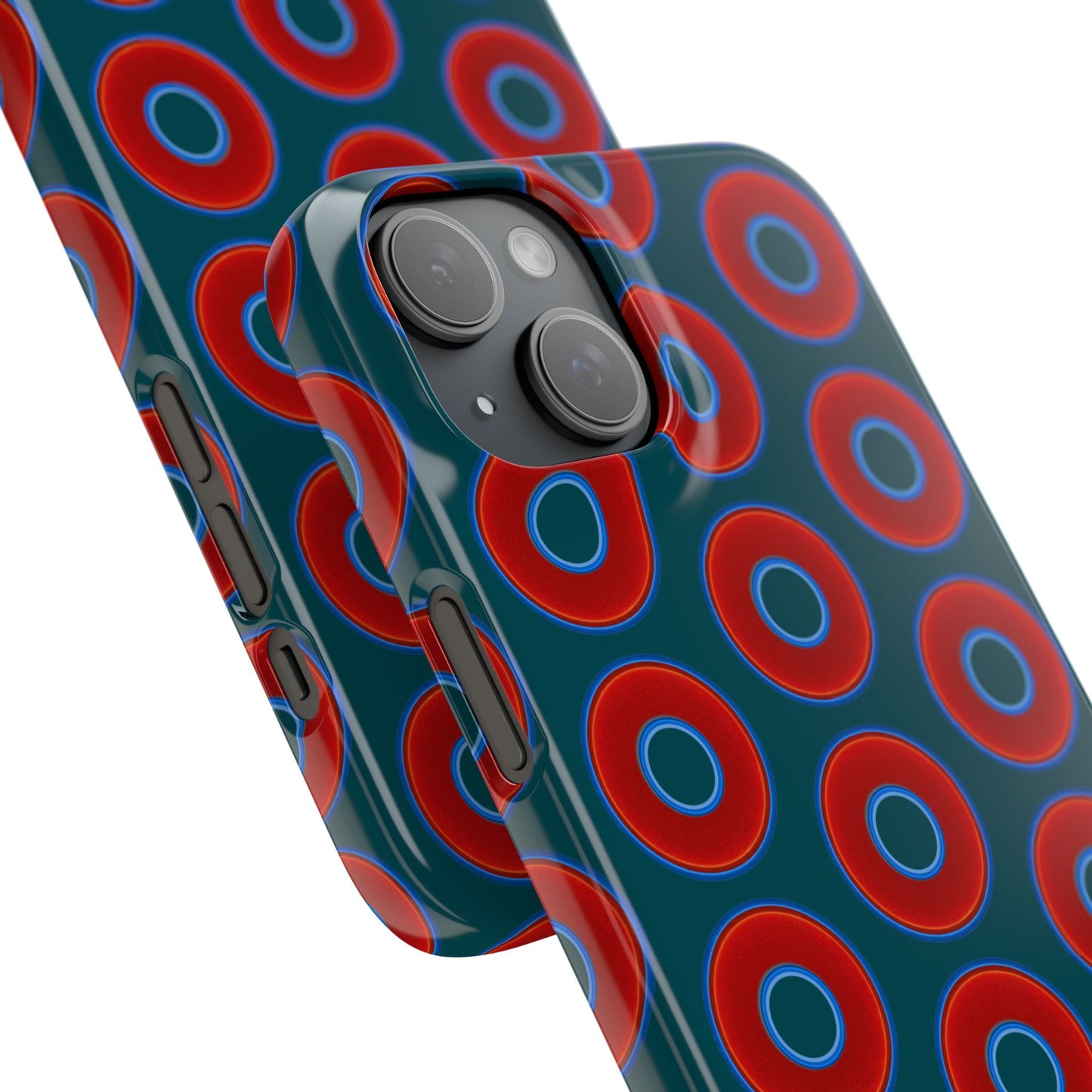 Lumpy Donut Snap Case - red vivid donut print w/midnight teal green background