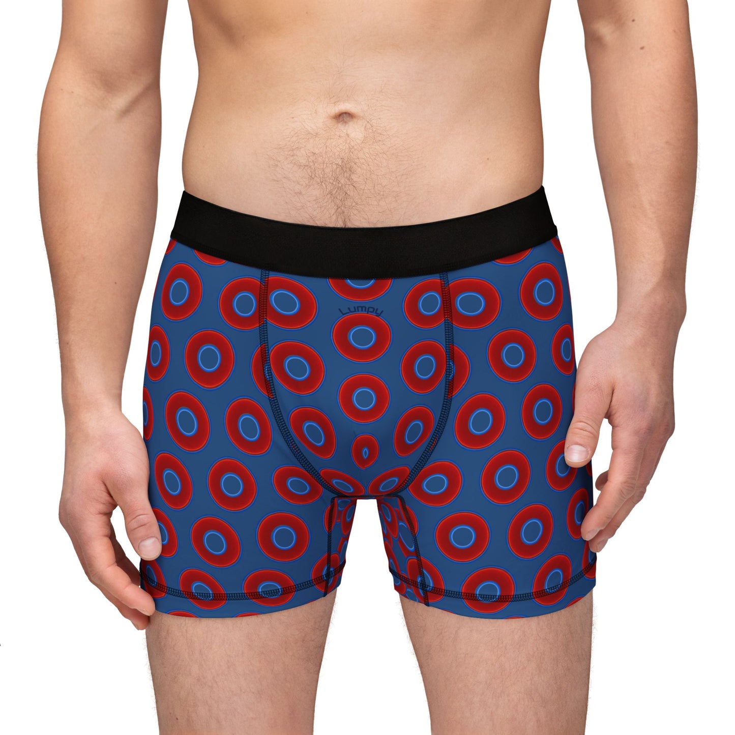 Men's Donut Boxers - red vivid donuts w/light navy blue background