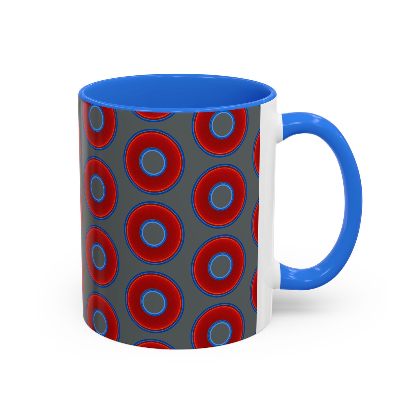 Lump's Grumpy Coffee Mug - vivid red donuts w/dark gray background
