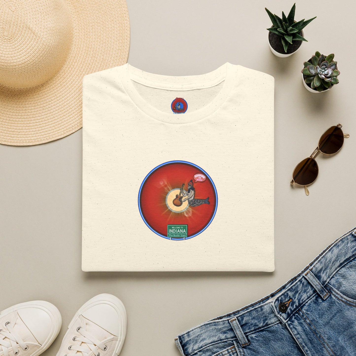 Classic Donut Tee - Unisex Soft-Style - "Indiana is for Boofers" - vivid red/blue plumpy donut - variant 2 - w/sun drop