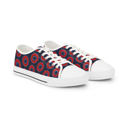 Men's - Low Top Chuck Taylors - large vivid red donut print w/dark blue teal elite background