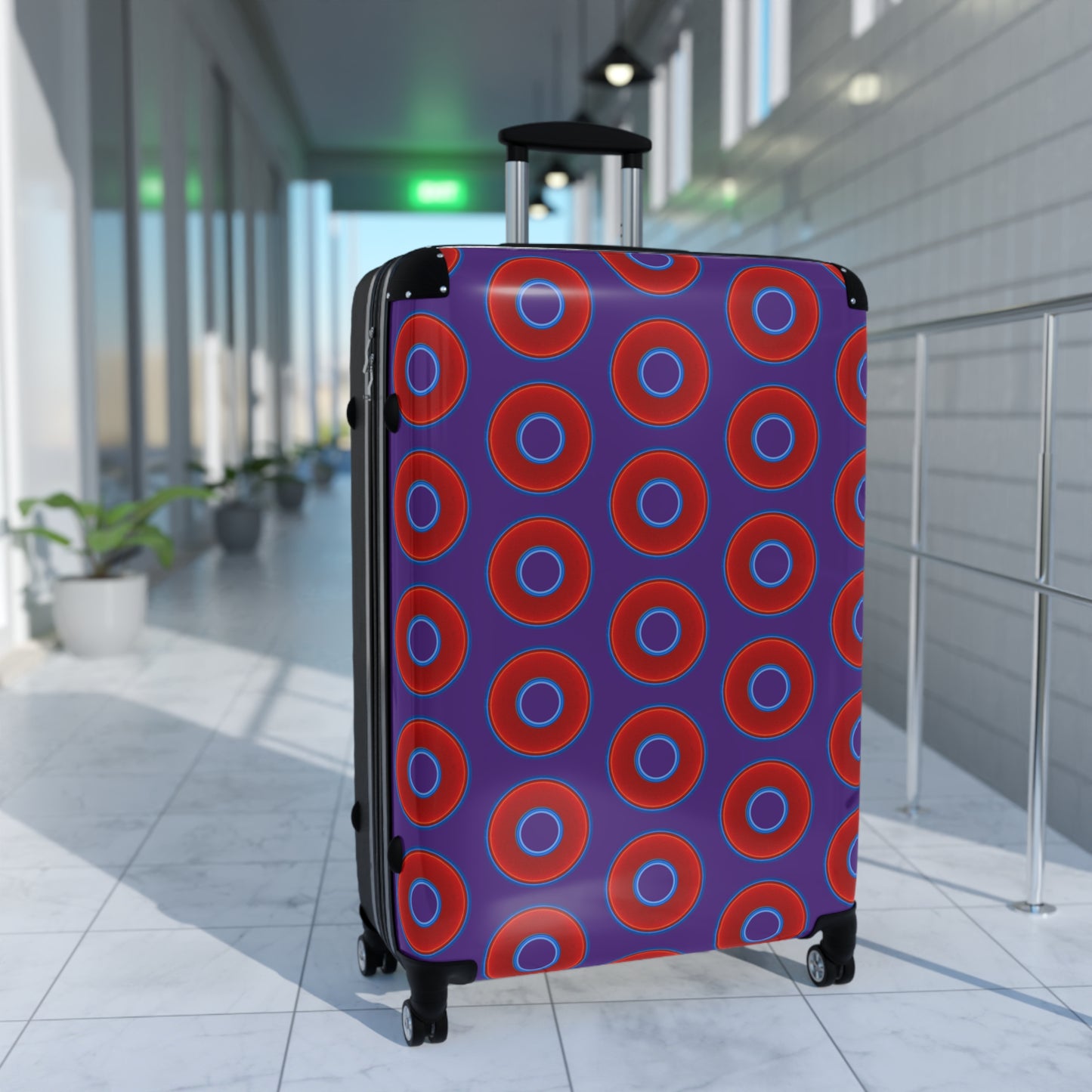 The Very Lumpy Donut Suitcase series - your choice of S, M or L - vivid red donut print w/dark purple background