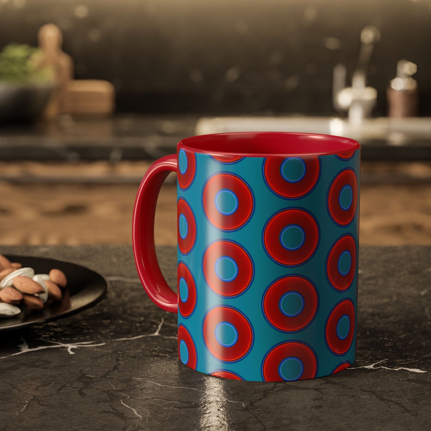 Lump's Grumpy Coffee Mug - vivid red donuts w/aquamarine blue background