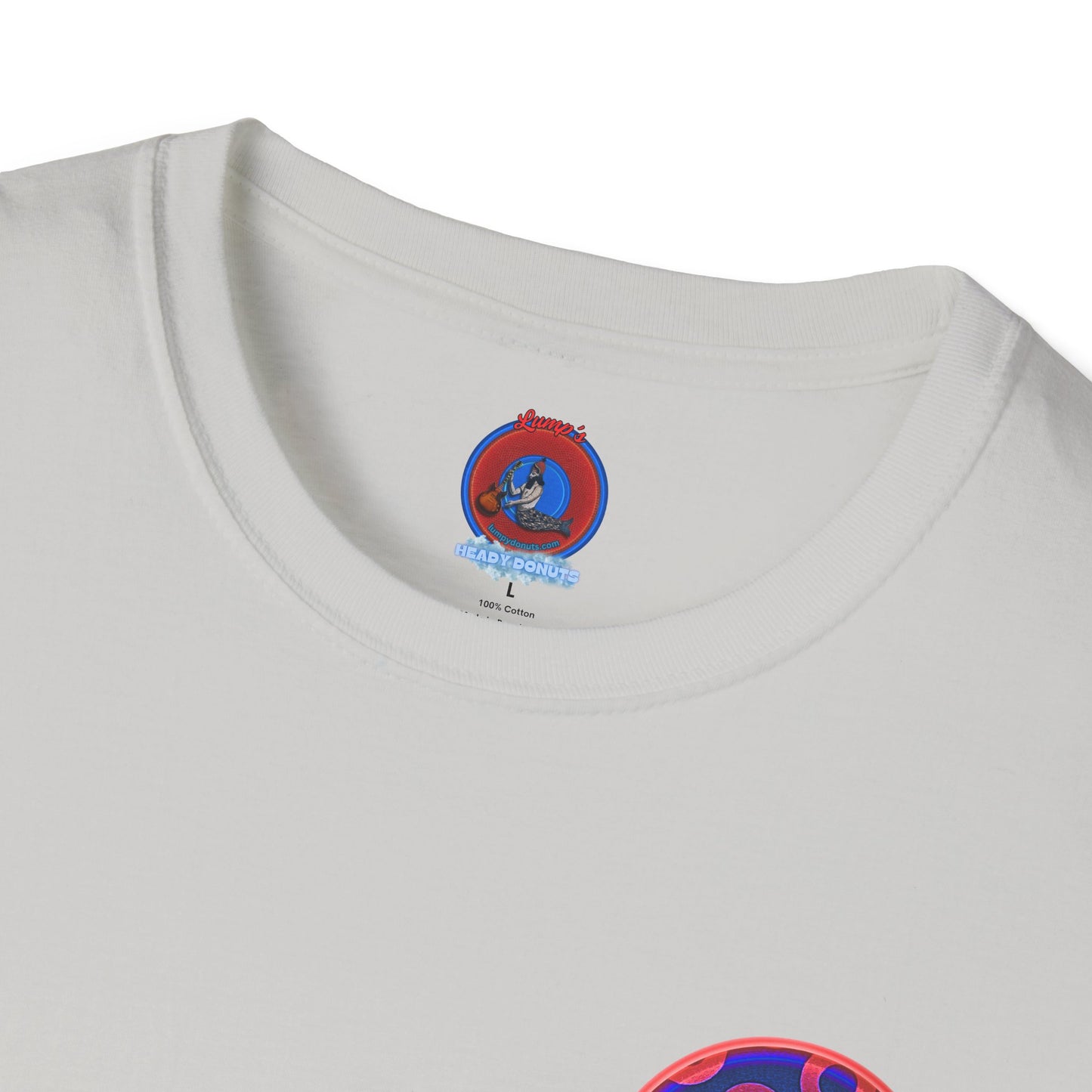Classic Donut Tee - Unisex Soft-Style - "Wooked Cream - YEMSG Donut " - dark electric blue/red rustic paradox donut - variant 2