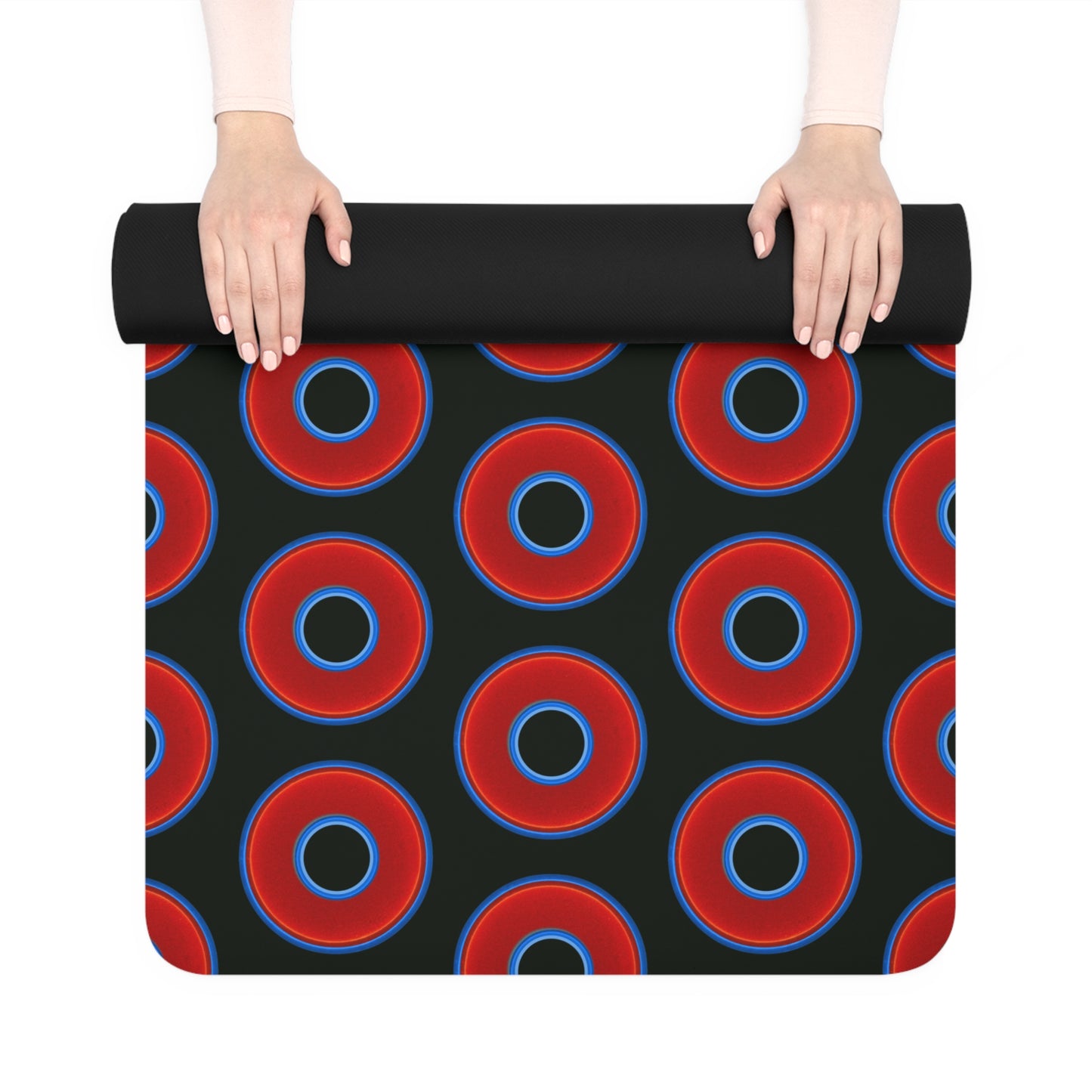 Lumpy Donut Yoga Mat :) - 24″ x 70" - vivid red donut print w/midnight moss green background