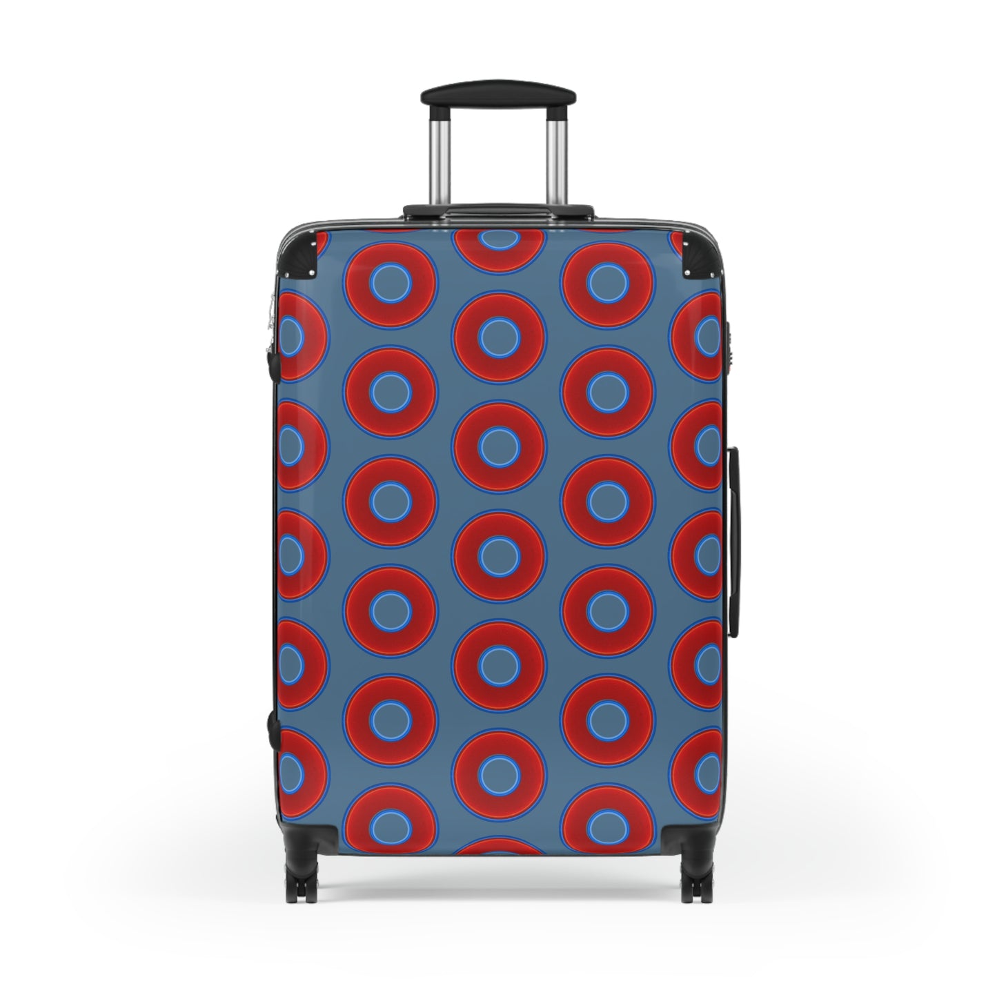 The Very Lumpy Donut Suitcase series - your choice of S, M or L - vivid red donut print w/steel blue background