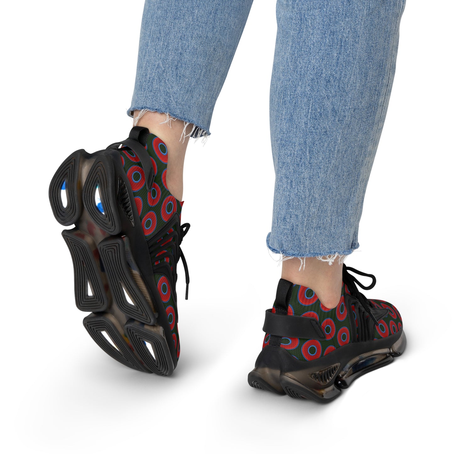 Women's Donut Kicks - red vivid donut print w/deep forest green background