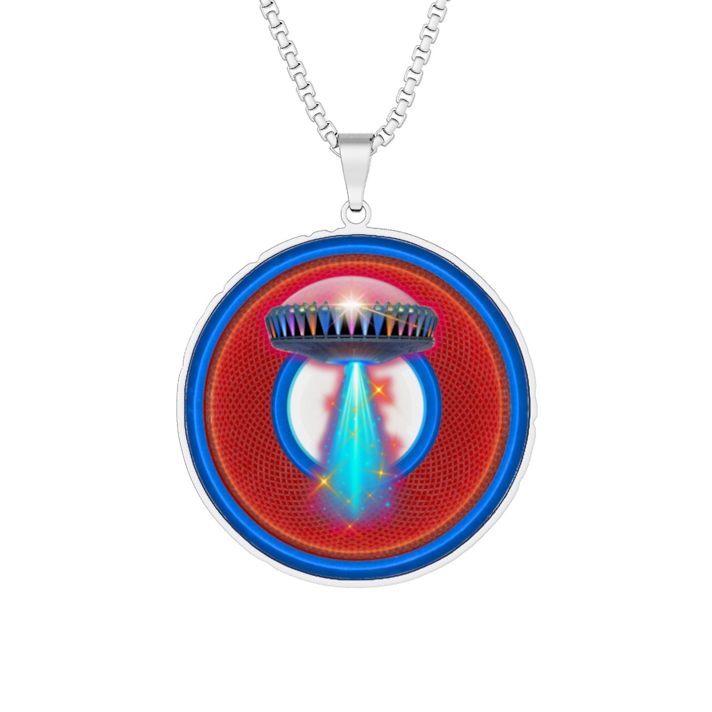 Lump's Heady Donut Necklace - 1" x 1" Stainless Steel Pendant - "They Serve Donut Pendants on the Mothership Now" - red/blue rustic donut - variant 1
