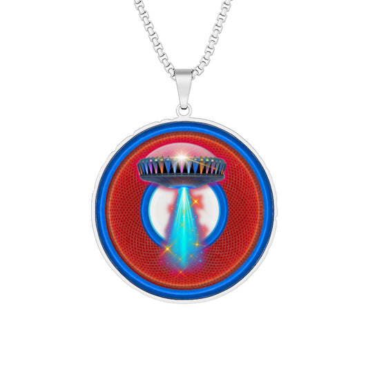 Lump's Heady Donut Necklace - 1" x 1" Stainless Steel Pendant - "They Serve Donut Pendants on the Mothership Now" - red/blue rustic donut - variant 1