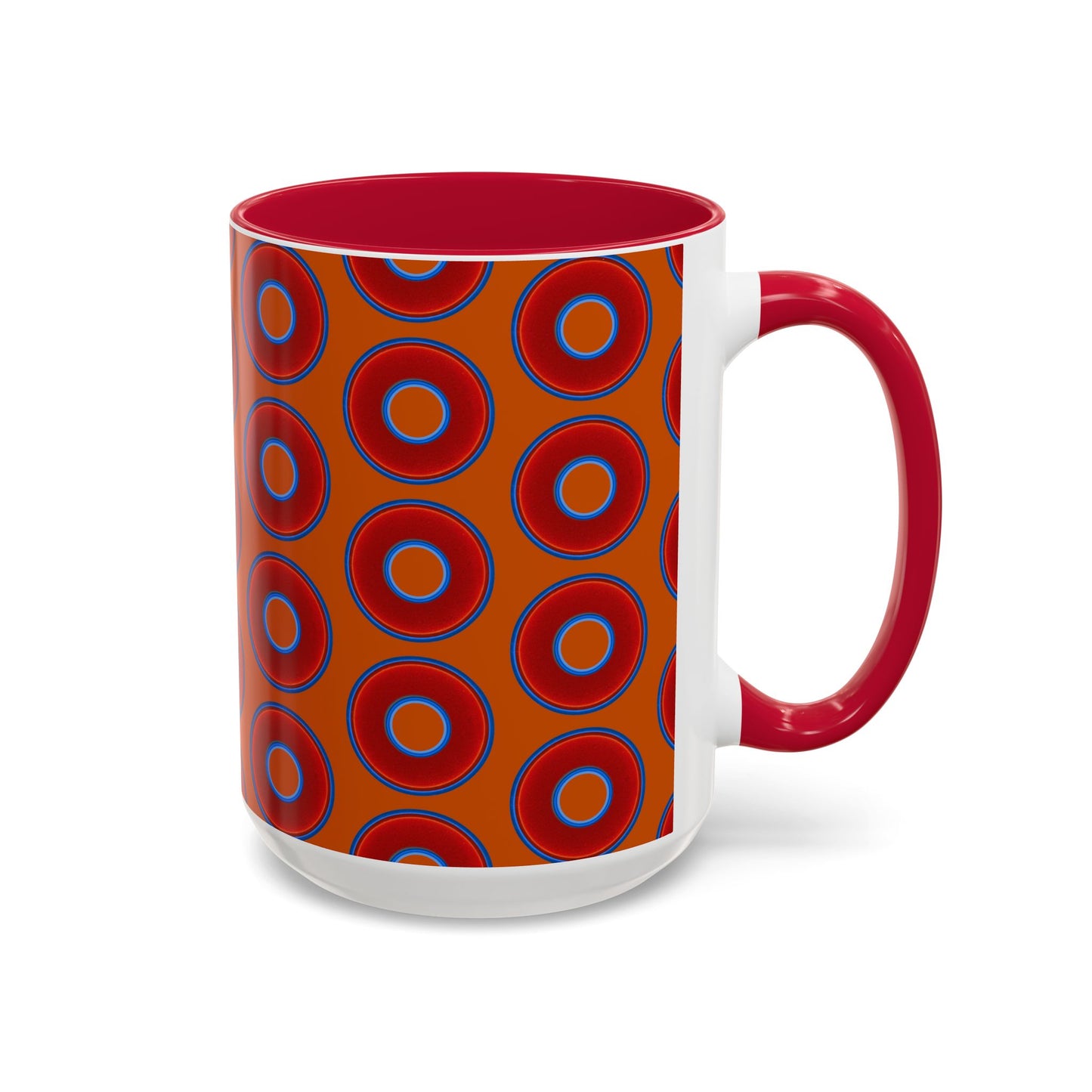 Lump's Grumpy Coffee Mug - vivid red donuts w/dark orange background