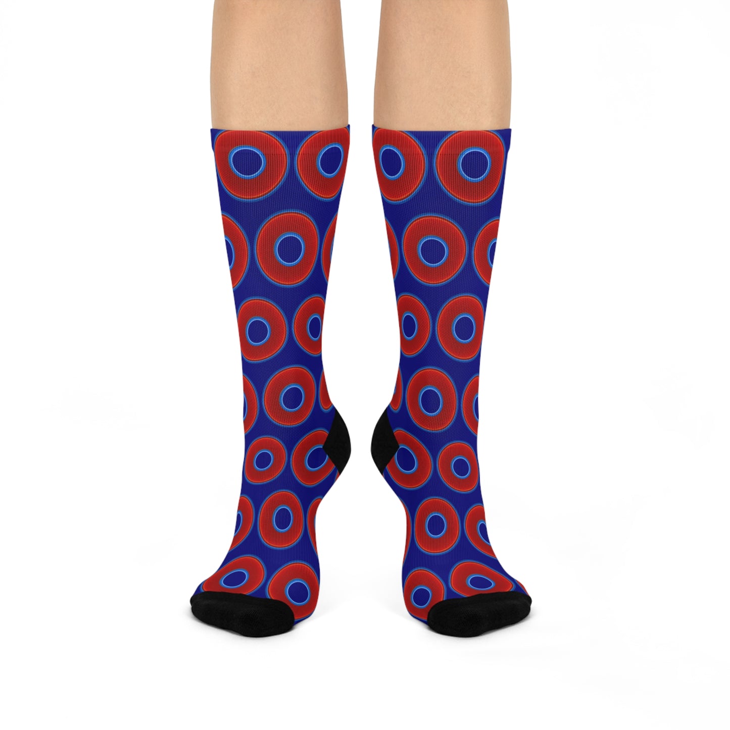 Lumpy Sox - cushioned crew - vivid red donut print w/vivid navy blue background