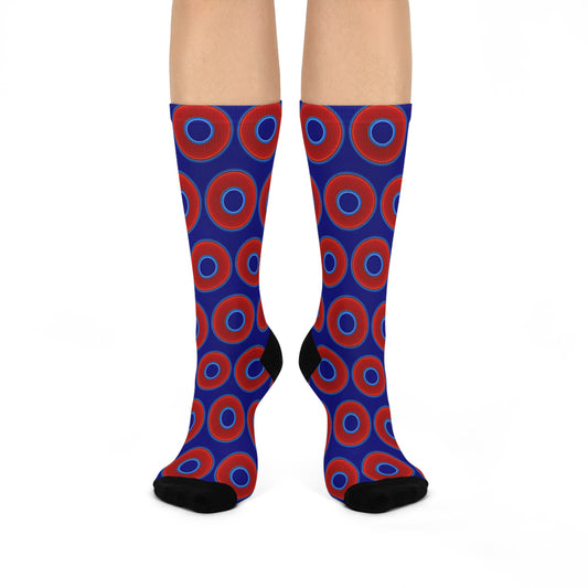 Lumpy Sox - cushioned crew - vivid red donut print w/vivid navy blue background