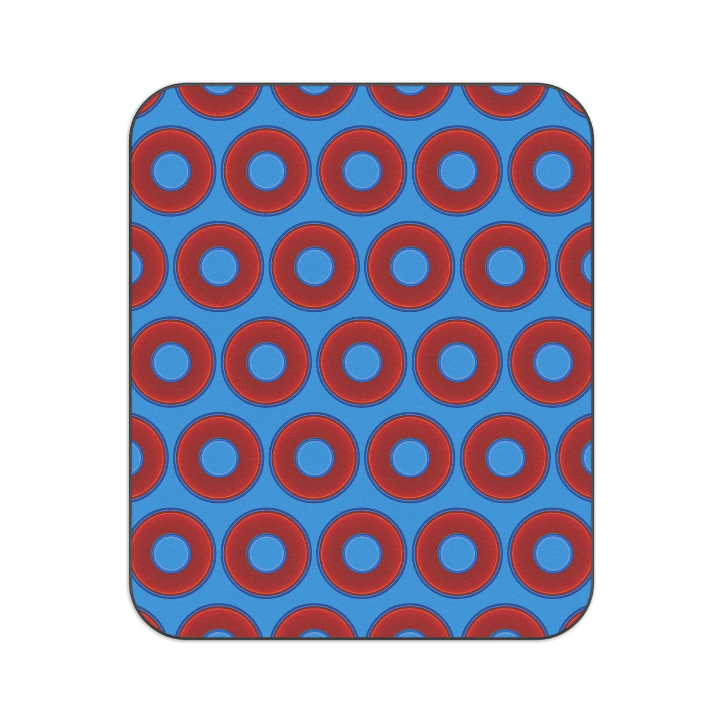 The Lumpy Party Blanket - giant water-resistant outdoor blanket [61" x 51"] - vivid red donuts w/sky royal blue background