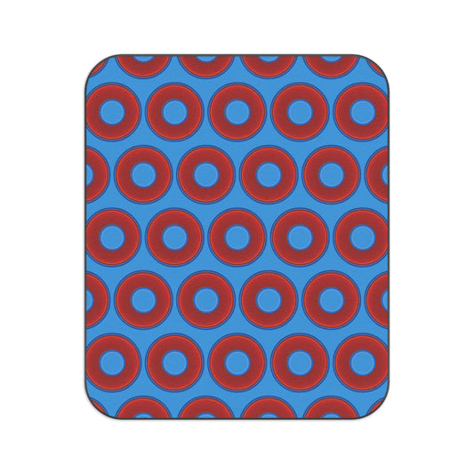 The Lumpy Party Blanket - giant water-resistant outdoor blanket [61" x 51"] - vivid red donuts w/sky royal blue background
