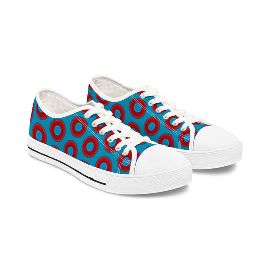Women's - Low Top Chuck Taylors - large vivid red donut print w/aquamarine blue background