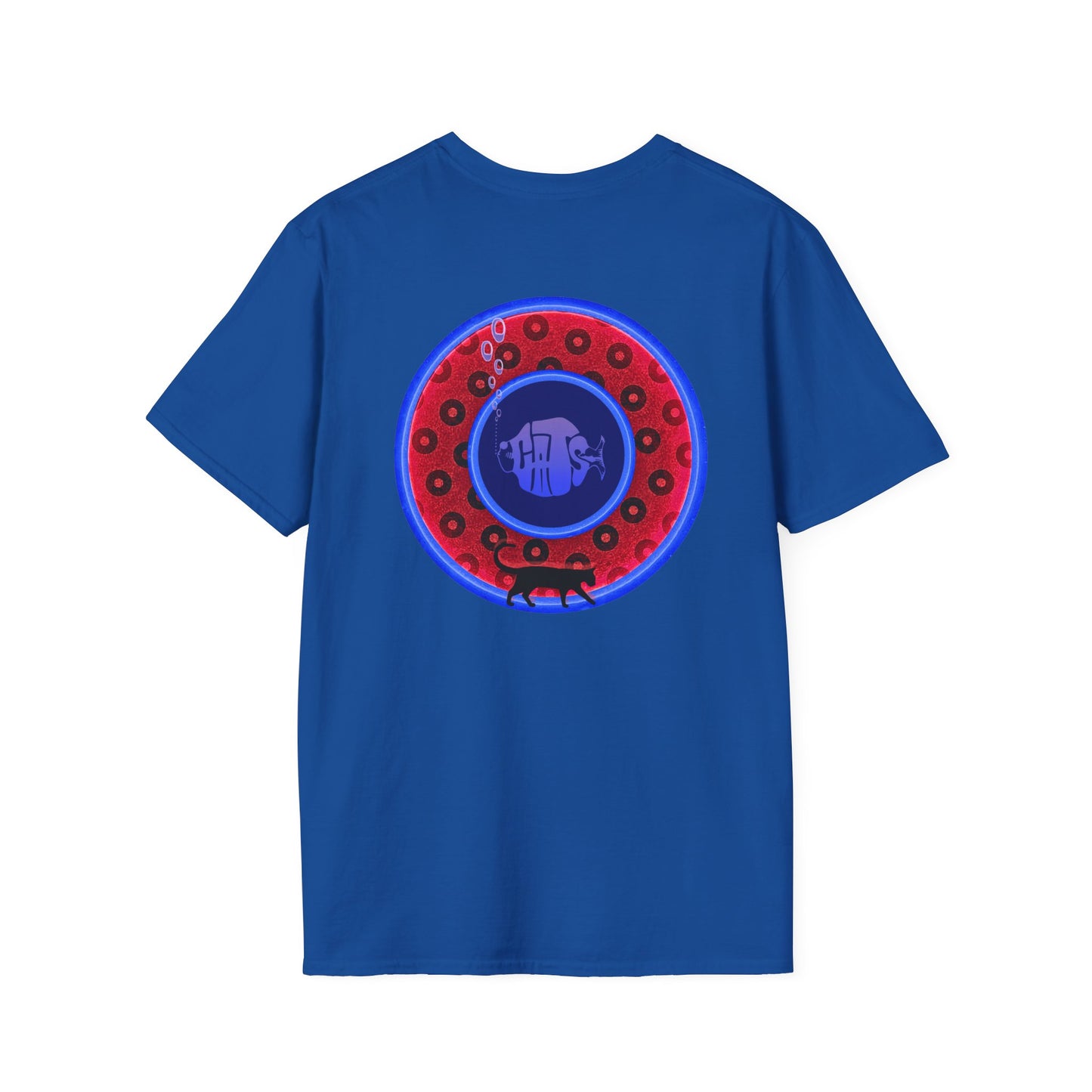 Classic Donut Tee - Unisex Soft-Style - "The Cat's Meow Donut' - red/blue paradox widemouthed donut