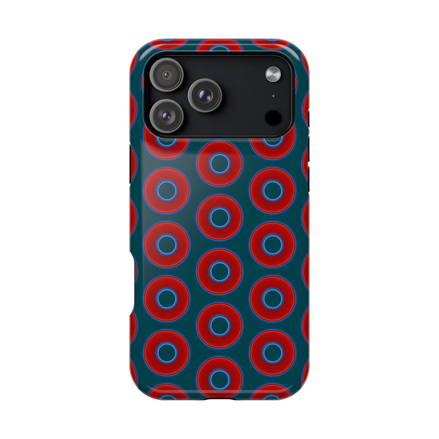 Impact-Resistant Lumpy Donut Case - red vivid donut print w/midnight green background