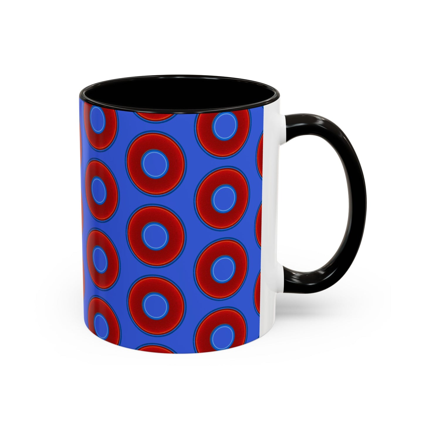 Lump's Grumpy Coffee Mug - vivid red donuts w/royal blue background