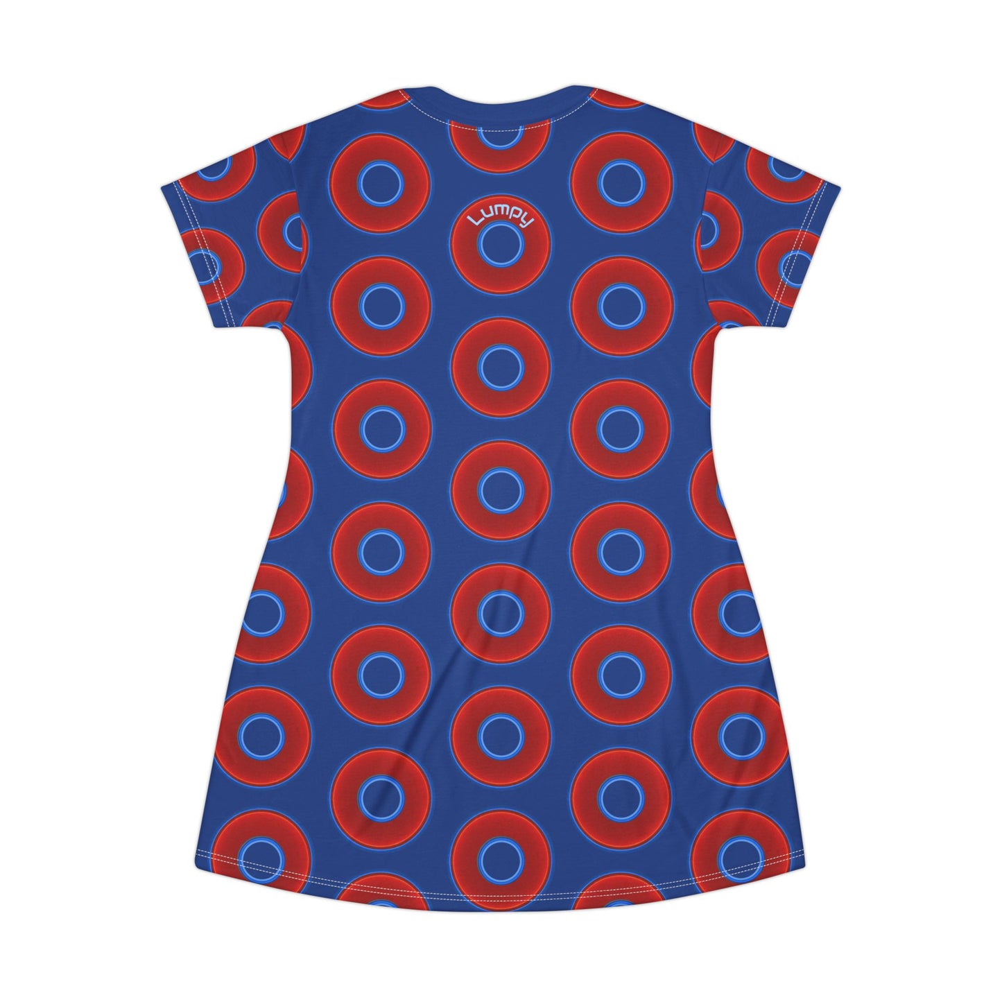 Not a Muumuu AOP Tee Shirt Dress - red vivid donuts w/dark blue background