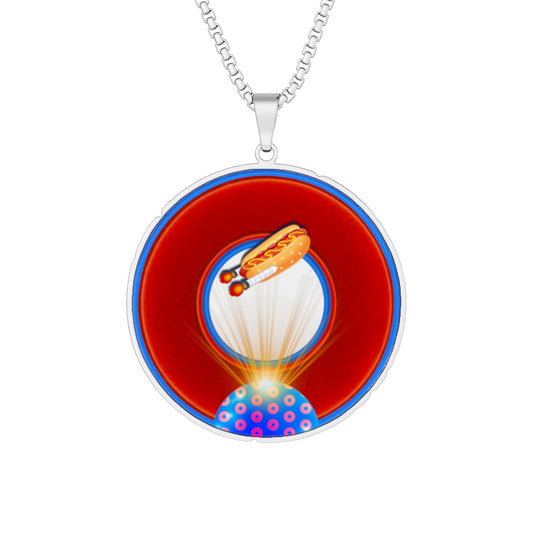 Lump's Heady Donut Necklace - 1" x 1" Stainless Steel Pendant - "Viva Las Vegas Donut" - vivid red/blue donut w/raw dogger - variant 3