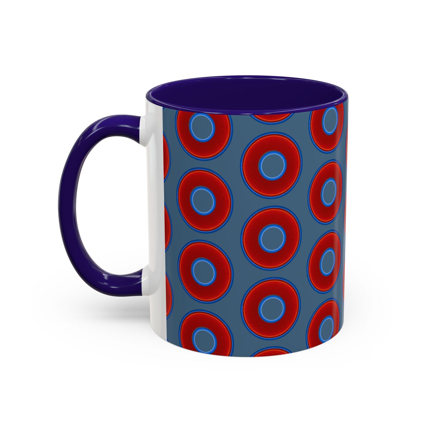 Lump's Grumpy Coffee Mug - vivid red donuts w/steel blue background