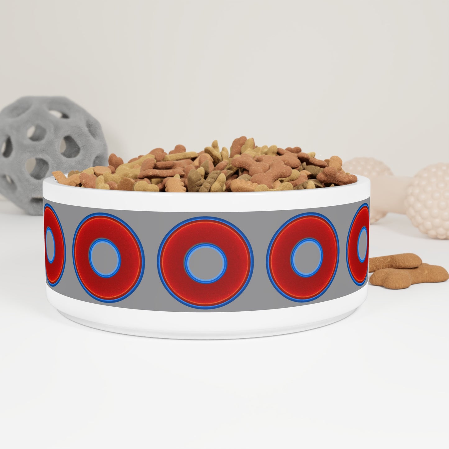 16 oz Lumpy Pet Bowl - vivid red donuts w/gray background
