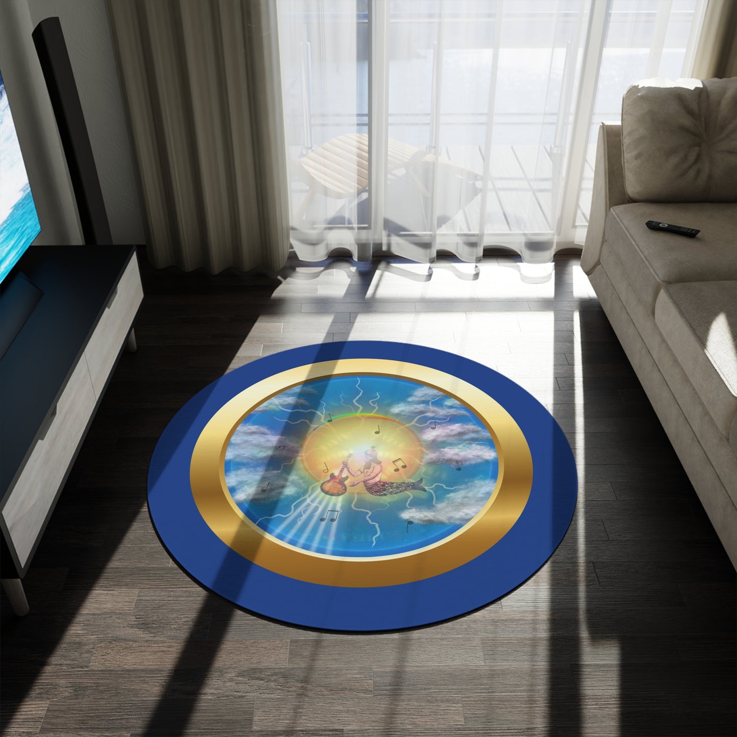 Round Room - 5 ft x 5 ft Lumpy Donut Rug - "The Divided Donut Rug" - vivid sky donut w/dark blue background - variant 3 - [*Charitable Donut]