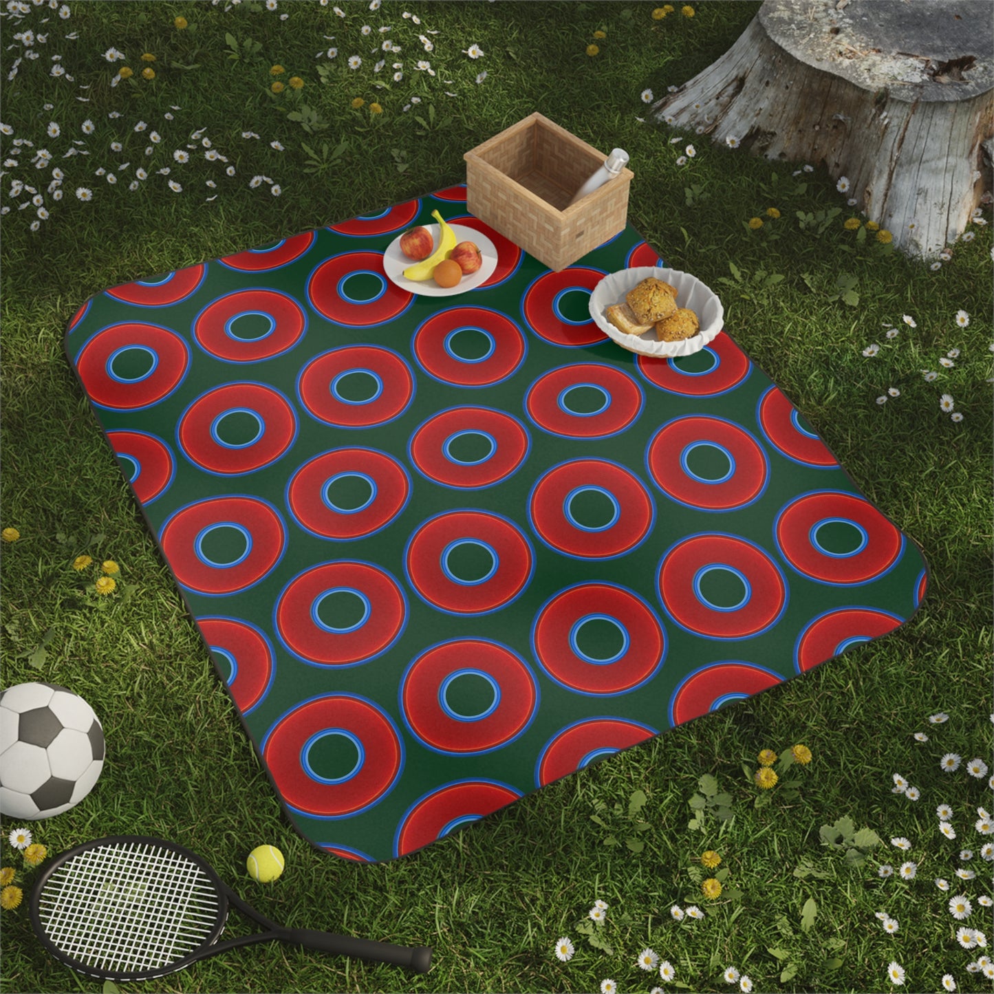 The Lumpy Party Blanket - giant water-resistant outdoor blanket [61" x 51"] - vivid red donuts w/deep pond green background