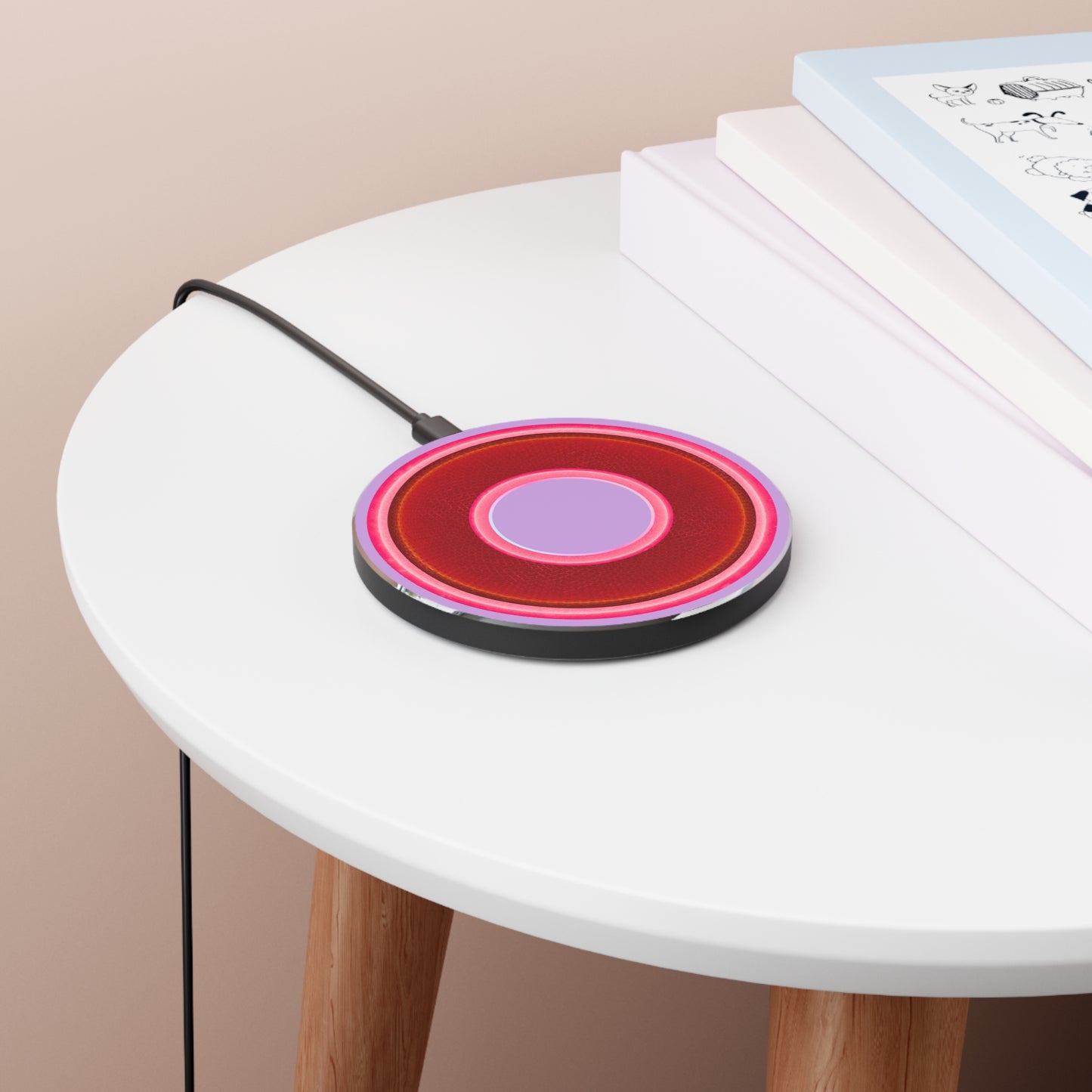 The Flow - Wireless Lumpy Donut Chargers - rustic light red/pink donut w/wisteria purple background