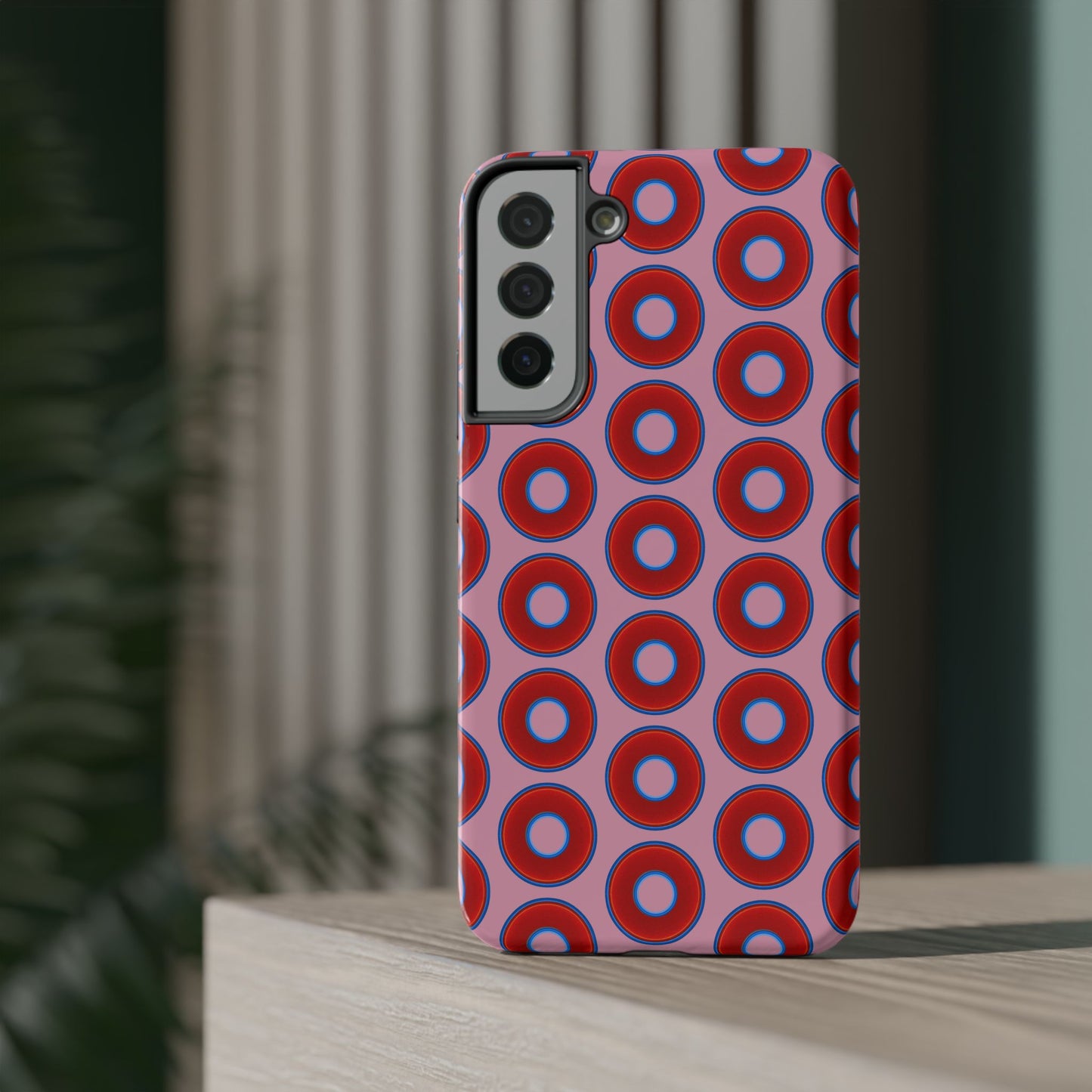 Impact-Resistant Lumpy Donut Case - red vivid donut print w/pale magenta background