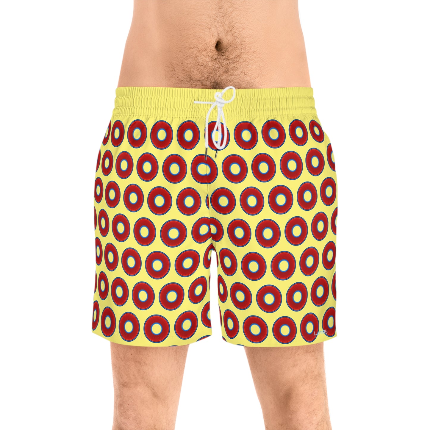 Men's Lumpy Swim Trunks - vivid red donut print w/yellow background