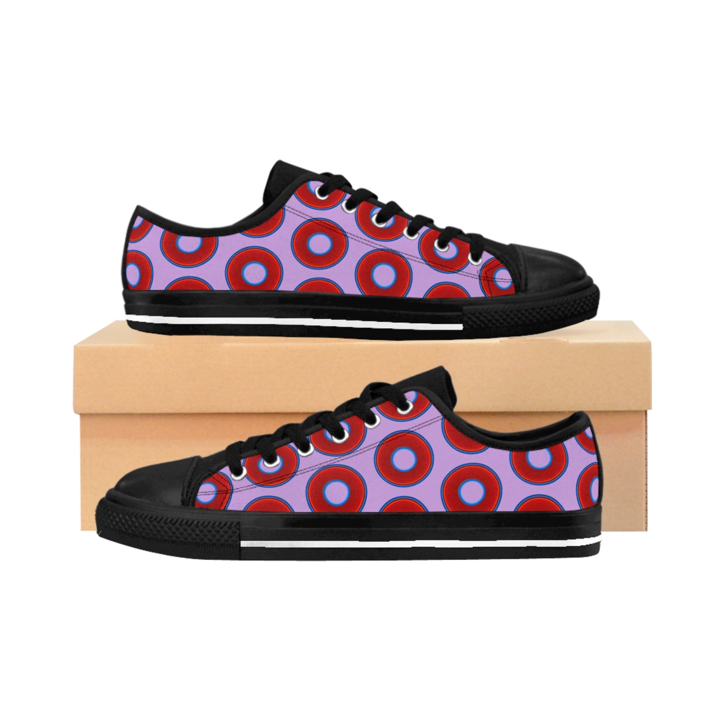 Women's Cushiony Convectors - Low Top - large red vivid donut print w/wisteria purple background