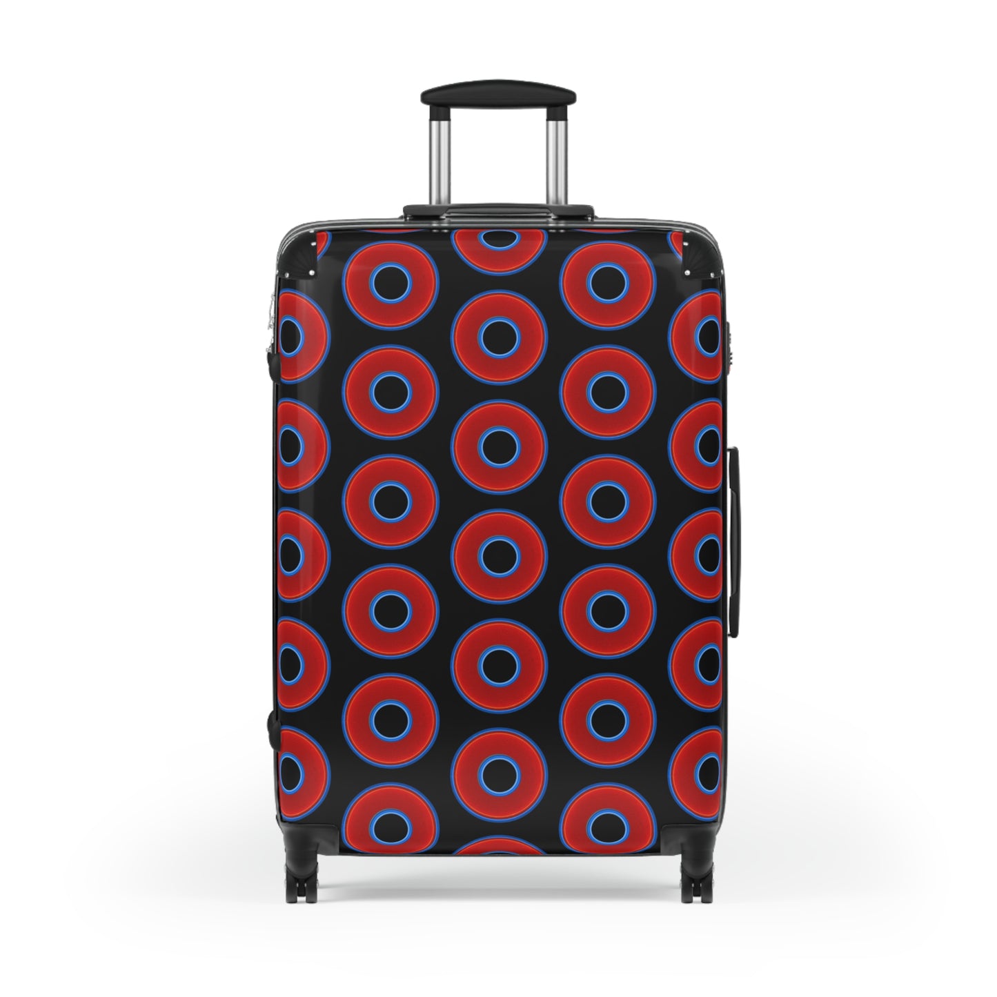 The Very Lumpy Donut Suitcase series - your choice of S, M or L - vivid red donut print w/black background