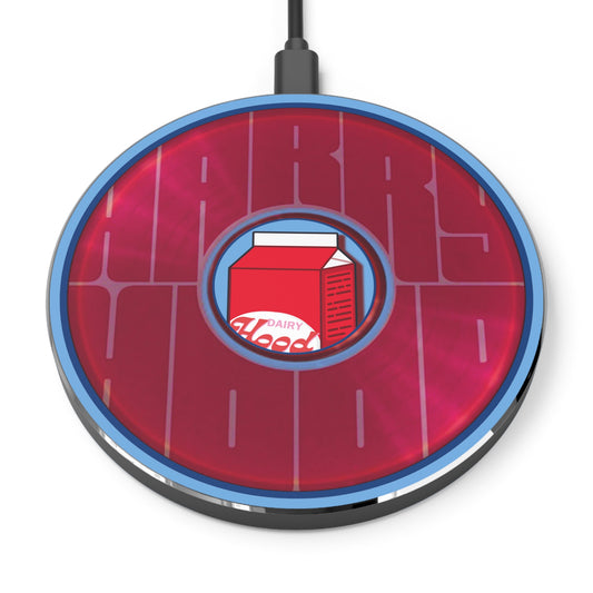 The Flow - Wireless Lumpy Donut Chargers - "Harry's Preferred Donut" - vivid magenta/light magenta word donut w/light blue background - variant 2